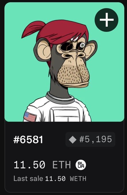 A digital NFT listing card featuring a cartoon monkey character with a red bandana and an American flag patch, labeled #6581, priced at 11.50 ETH with a last sale of 11.50 WETH.