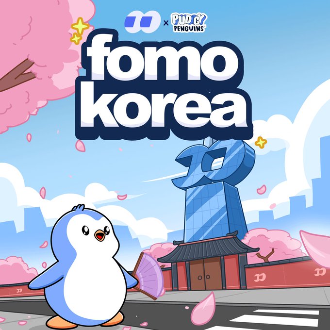 A colorful illustration for 'Fomo Korea' in collaboration with 'Pudgy Penguins', featuring a blue and white penguin holding a fan in front of a traditional Korean gate with a modern 'D' sculpture.