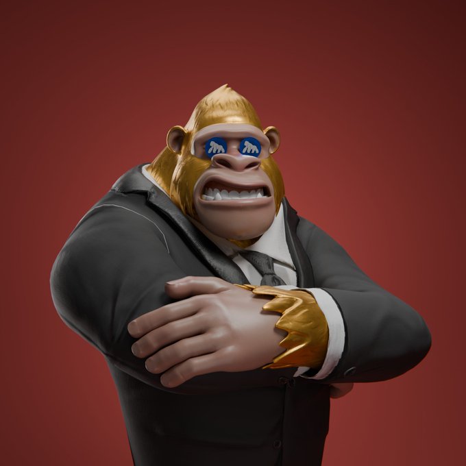 A 3D-rendered monkey character wearing a black suit, white shirt, and reflective blue sunglasses stands with arms crossed against a dark red background.