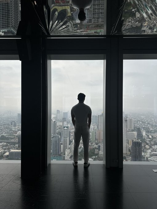 A silhouette of a man standing in front of a large floor-to-ceiling window, looking out over a sprawling cityscape on a hazy day.
