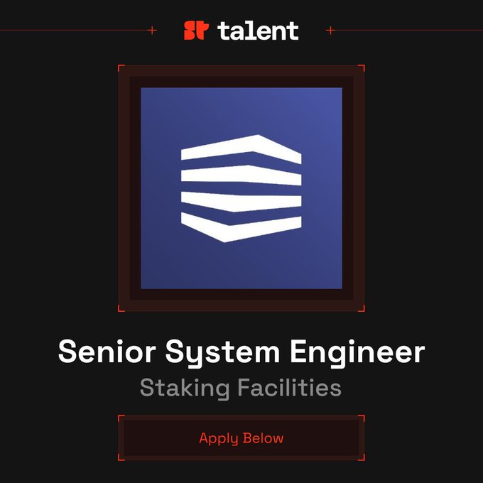 The image shows a job posting for a Senior System Engineer position at Staking Fac, which involves operating and tuning Solana node validators. The job description highlights that the role requires experience with Linux systems engineering and remote within European timezones. The text in the image is red, making it stand out against the black background of the post.
