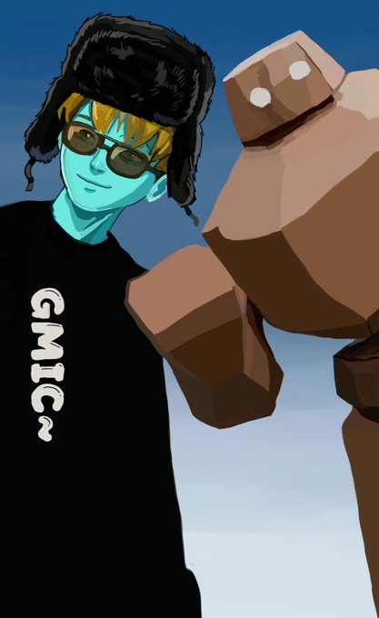 A stylized digital illustration shows a blue-skinned character wearing a furry ushanka hat and sunglasses, standing next to a low-poly bear figure. The character wears a black t-shirt with "GMIC?" printed vertically in white text, tying into the post's playful "Gmic Gmic Gmic" reference.