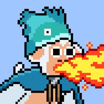 A pixel art character resembling Santa Claus, complete with a teal winter hat adorned with a white emblem and a full white beard, breathes a stream of yellow and orange fire from his mouth against a light blue background. The festive, meme-style illustration ties into the post's playful nod to Web3 by creatively merging holiday imagery with the fiery excitement surrounding NFT collections like Chimpers and Quirkies.