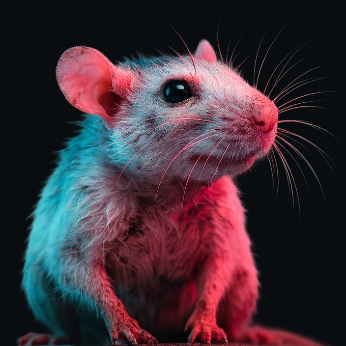 A close-up studio portrait of a white rat illuminated by dramatic pink and cyan colored lighting against a black background.