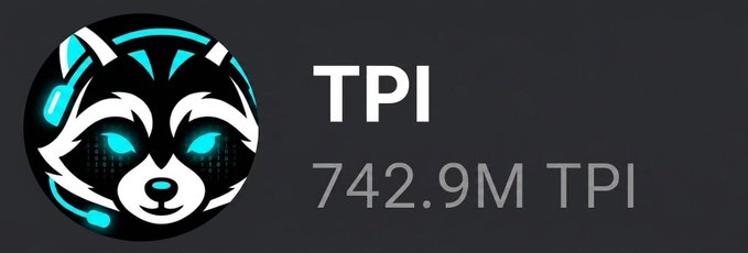 The image displays a circular logo featuring a stylized raccoon or panda face wearing glowing cyan goggles, alongside the text "TPI" and a token supply of "742.9M TPI." This appears to be promotional branding for the Trash Panda Intel ($TPI) airdrop, visually representing the project's mascot while highlighting the token's total supply referenced in the announcement.