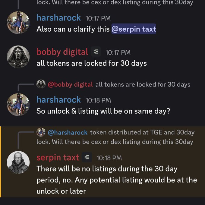A Discord chat shows users discussing the @ethos_network token sale, where "harsharock" asks about listings during the 30-day lock period, and "bobby digital" and "serpin taxt" confirm that all tokens are locked for 30 days post-TGE with no listings occurring until after the unlock. The exchange visually supports the post's clarification that tokens won't be tradable until after the 30-day lock period.