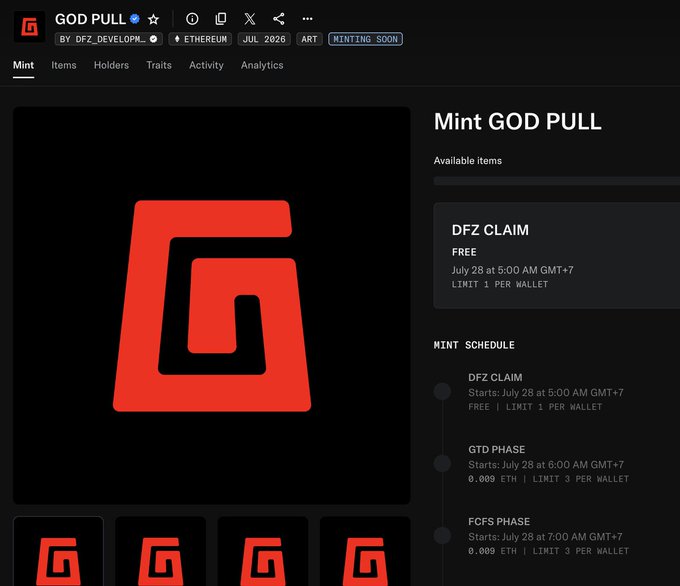 The image shows the mint page for "GOD PULL" by DFZ_DEVELOPMENT on Ethereum, displaying a mint schedule with a DFZ Claim phase (free, 1 per wallet starting July 28 at 5:00 AM GMT+7), GTD phase (0.009 ETH, 3 per wallet starting July 28 at 6:00 AM GMT+7), and FQCS phase (0.009 ETH, 3 per wallet starting July 28 at 7:00 AM GMT+7). The image directly supports the post's inquiry about the GTD phase limit of 3 mints per wallet, which the poster is using to calculate potential total mints based on the ~6,140 Deadfellaz holders who would qualify.