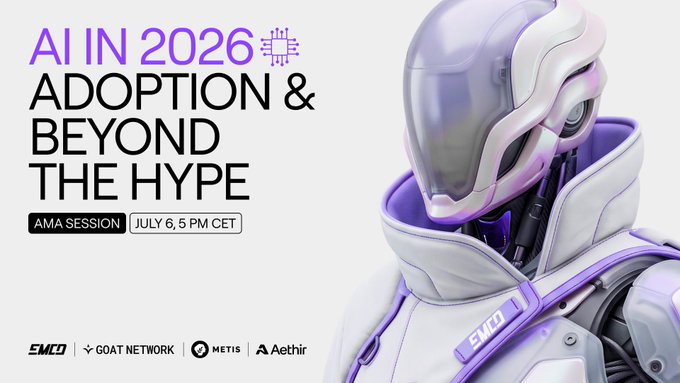 Promotional graphic for an AMA session titled "AI IN 2026: ADOPTION & BEYOND THE HYPE," featuring a futuristic white and purple humanoid figure with a sleek helmet, and listing partners SMC, Goat Network, Metis, and Aethir, scheduled for July 6 at 5 PM CET to promote the upcoming X Space about AI adoption, agents, and infrastructure.