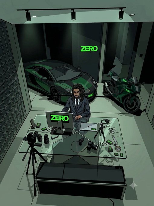 A digital illustration of a man with dreadlocks in a suit sitting at a desk with cameras and equipment, with a green Lamborghini and a motorcycle displaying 'ZERO' logos behind him.
