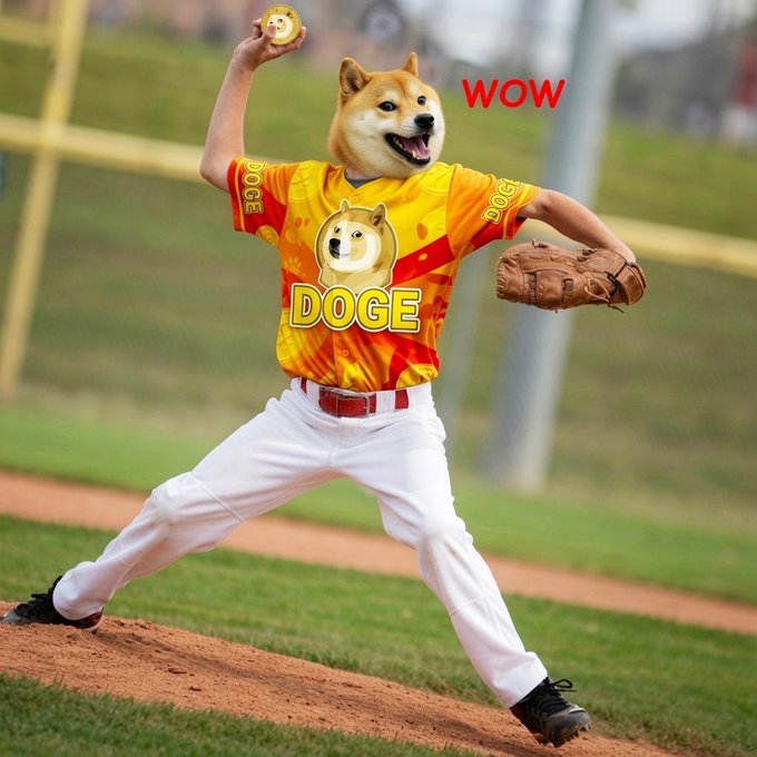 An AI-generated image of a Shiba Inu dog with a human body pitching a baseball, wearing a yellow and red 'DOGE' jersey, with the word 'WOW' in red text.