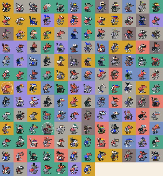 A grid of numerous pixel-art character sprites, likely CryptoPunks, displayed on various colored backgrounds (green, blue, yellow, red, purple, gray).
