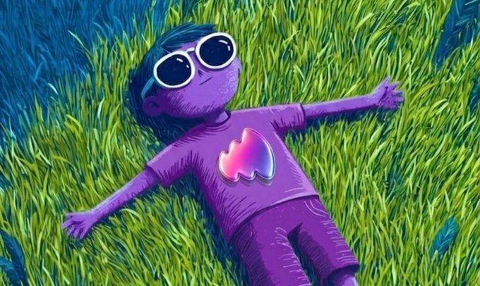 A digital artwork depicts a stylized character with purple skin, wearing white sunglasses and a purple shirt with a glowing heart design, lying in green grass.