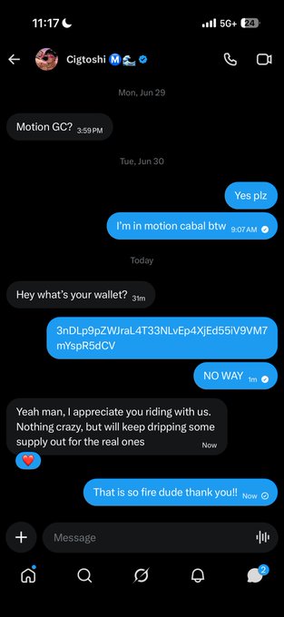 A mobile text message conversation screenshot with "Cigtoshi" shows a user sharing a wallet address, receiving appreciation, and responding enthusiastically to an offer of a supply drop.