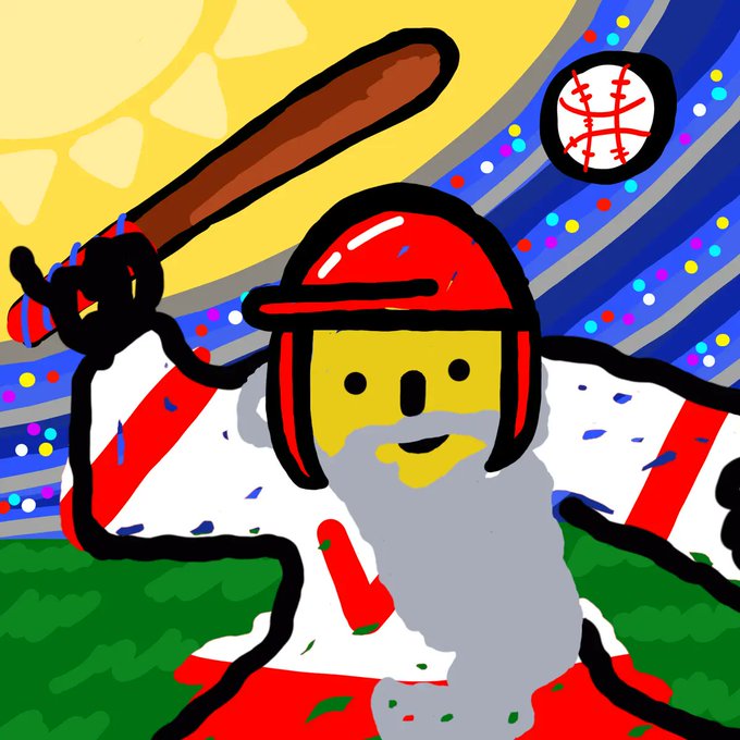 A vibrant cartoon wizard with a long gray beard, red helmet, and yellow face swings a brown bat at a baseball, set against a striped blue background and a bright yellow sunburst, tying into the "10,000 Bitcoin Wizards" series as Wizard #236 curated by @mavensbot, celebrating Bitcoin's journey toward $1,000,000.