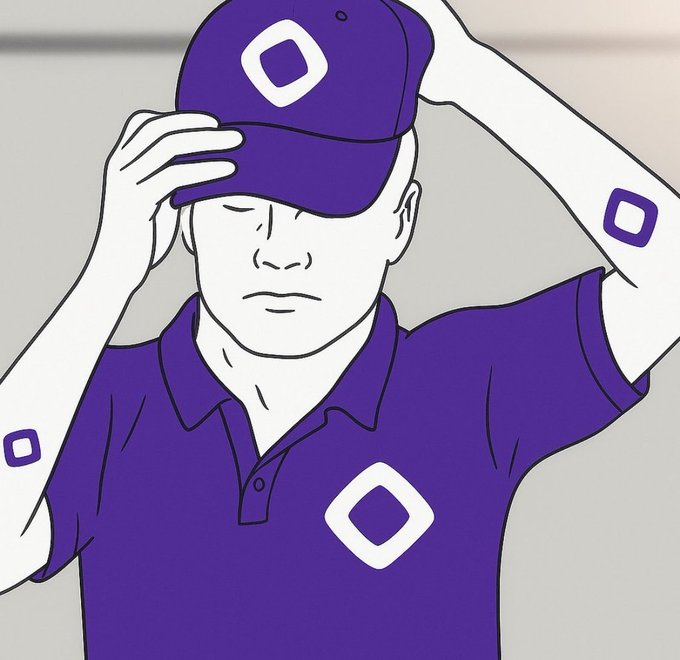 A man in a purple cap and polo shirt (both featuring a diamond/square logo) tilts his cap down over his eyes in apparent defeat or resignation, humorously illustrating the post's lament about MON (likely the cryptocurrency) crashing and the suggestion to give up crypto trading for a traditional job.