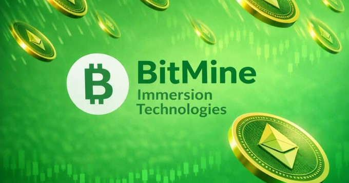 A green promotional graphic for 'BitMine Immersion Technologies' featuring the Bitcoin logo and floating Ethereum coins against a background of cryptocurrency price charts.