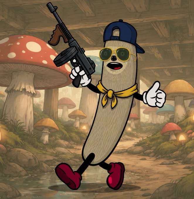 A cartoon sausage character wearing sunglasses, a cap, and red shoes walks through a whimsical mushroom forest while holding a Thompson submachine gun and giving a thumbs-up. The image's rebellious, larger-than-life mascot vibe mirrors the post's promotional tone about @BigD_team being an early-rewarding memecoin project with strong branding and long-term community vision.