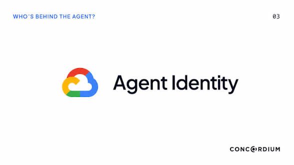 A slide titled "Agent Identity" featuring the Google Cloud logo, with "WHO'S BEHIND THE AGENT?" at the top and "CONCORDIUM" in the bottom corner. It relates to the post's discussion about AI agent authentication, highlighting the need to verify and establish trusted digital identities for autonomous agents rather than simply restricting their capabilities with friction.