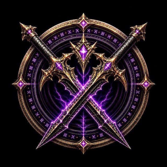 An ornate fantasy emblem featuring two crossed swords, glowing purple crystals, and lightning effects within a circular seal on a black background.