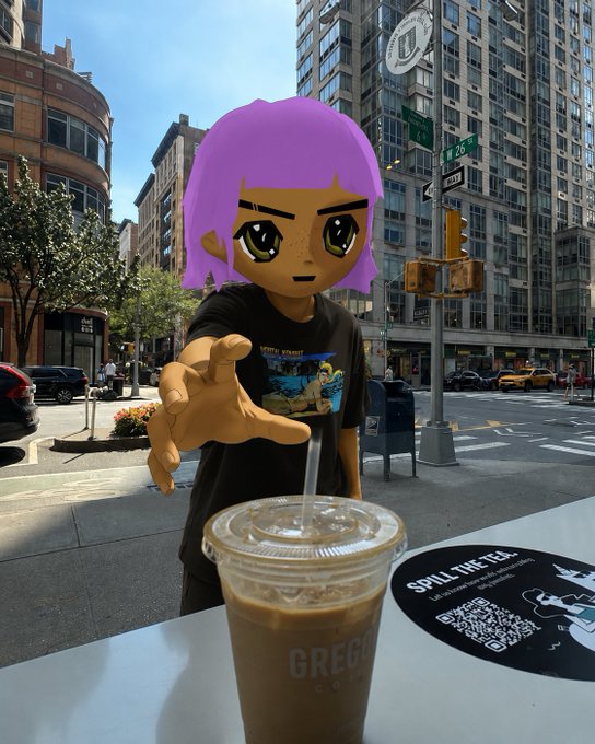 An anime-style avatar with purple hair reaches toward a plastic iced coffee cup on an outdoor table in a city setting.