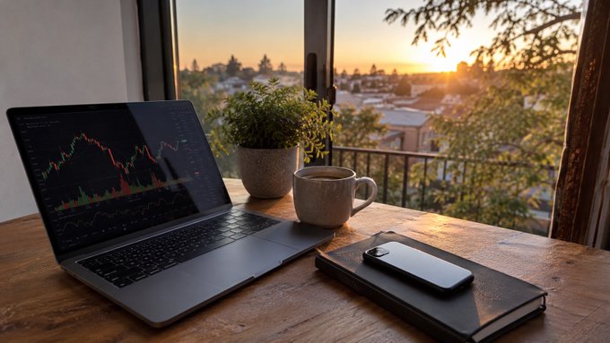 A laptop displaying a stock market chart sits on a wooden desk next to a coffee mug, potted plant, smartphone, and notebook, with a sunset city view through the window.