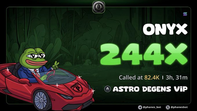 A Pepe the Frog mascot in a red sports car promotes a 244x gain on the $ONYX token, with text reading "ONYX 244X Called at 82.4K | 3h, 31m | ASTRO DEGENS VIP," matching the post's claim of identifying the gem early at an $82.4K market cap.