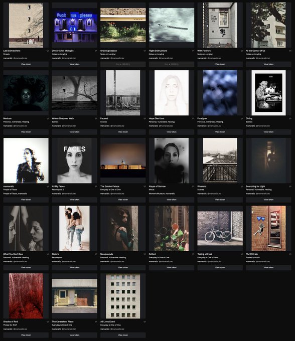 Grid layout of a photography portfolio on Marsballs displaying various photos under categories like 'Late Somewhere', 'Morning Longing', 'Faces of Teens, Inxanadu', and 'Sacred', with usernames and 'View token' links.