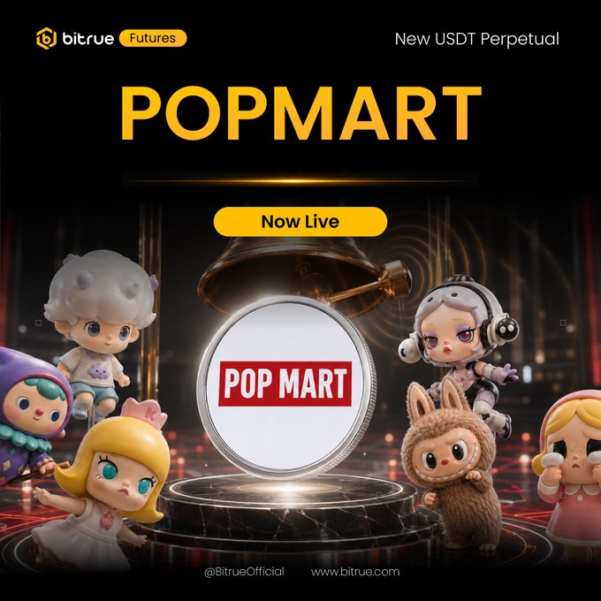 Bitrue Futures announces the new USDT Perpetual contract listing for $POPMART, now live with up to 25x leverage and 24/7 trading, featuring the platform's signature collectible figurines alongside the Pop Mart logo.