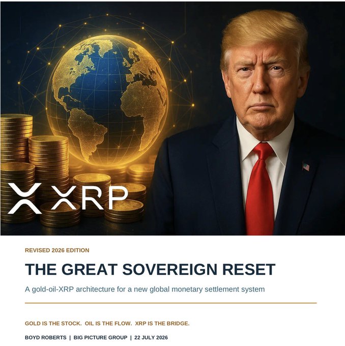 A mock book cover titled "THE GREAT SOVEREIGN RESET — Revised 2026 Edition" by Boyd Roberts / Big Picture Group (22 July 2026), featuring a portrait of Donald Trump beside a golden globe, stacks of coins, and the "X XRP" logo, with the tagline "GOLD IS THE STOCK. OIL IS THE FLOW. XRP IS THE BRIDGE." The image visually reinforces the post's claim that a gold-oil-XRP monetary architecture has been filed in SEC Rulemaking Petition 4-867, positioning $XRP as the bridging settlement layer in the proposed system.