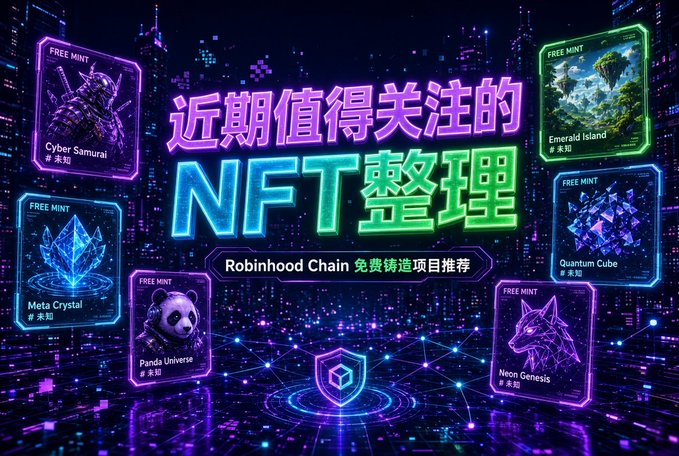 A promotional graphic with Chinese text "近期值得关注的 NFT整理" (Recent Noteworthy NFT Roundup) and "Robinhood Chain 免费铸造项目推荐" (Robinhood Chain Free Mint Project Recommendations), showcasing NFT cards including Cyber Samurai, Emerald Island, Meta Crystal, Panda's Universe, Quantum Cube, and Neon Genesis.