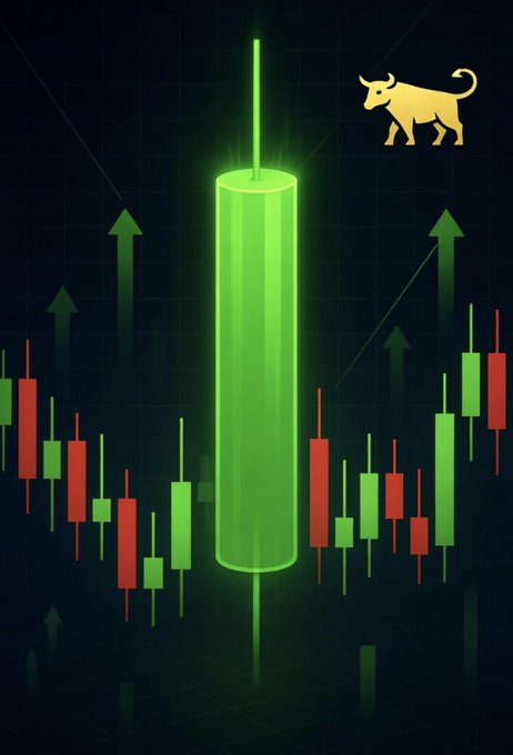 A bullish cryptocurrency chart visualization featuring a prominent glowing green candlestick, upward-pointing arrows, and a golden bull icon in the top right corner.