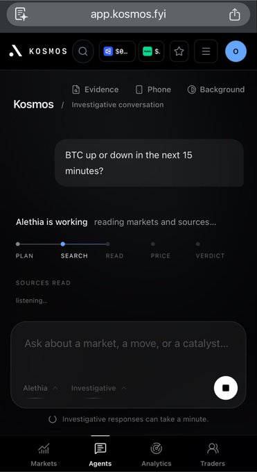A mobile screenshot of the Kosmos app (app.kosmos.fyi) showing an investigative conversation asking 'BTC up or down in the next 15 minutes?' with Alethia working through PLAN, SEARCH, READ, PRICE, and VERDICT stages.