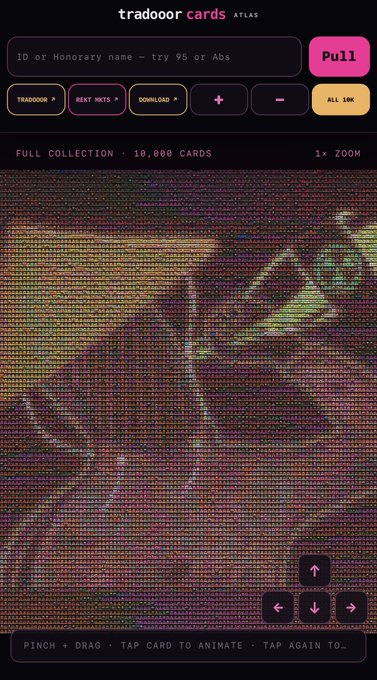 The image shows the "tradooor cards ATLAS" interface, displaying a full collection of 10,000 NFT cards in a grid layout at 1× zoom. The site features search functionality ("ID or Honorary name"), a pink "Pull" button, and controls for browsing the massive collection, directly corresponding to the post's announcement of an atlas showcasing all 10,000 NFTs in one place.