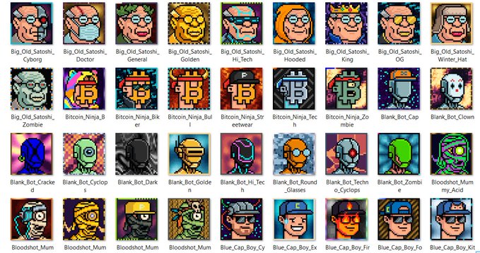 A grid displaying a collection of pixel-art style NFT avatar icons featuring various characters (including 'Big_Old_Satoshi', 'Bitcoin_Ninja', 'Blank_Bot') with names and traits listed beneath each icon.
