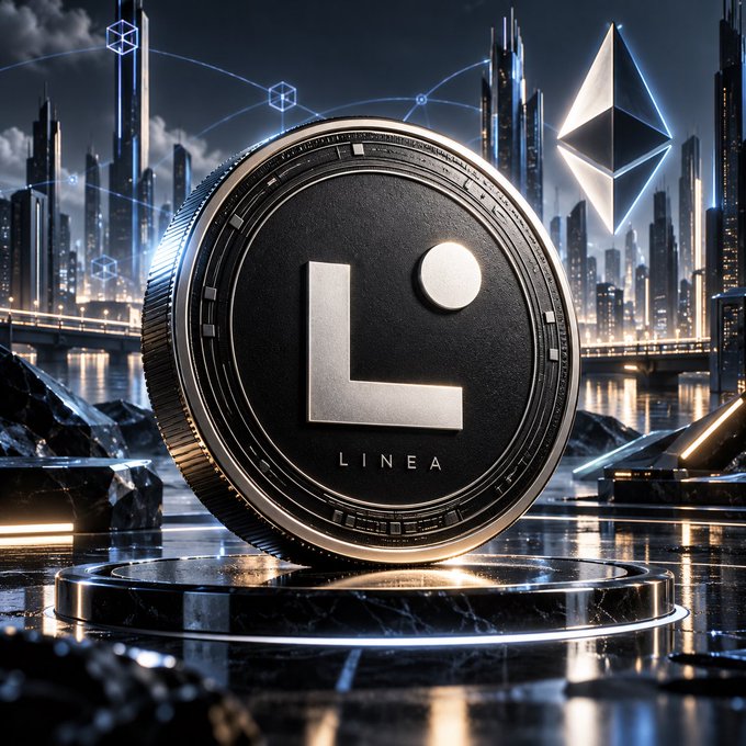 A 3D rendered graphic of a black and silver coin with a stylized 'L' logo and the text 'LINEA' on it, set against a futuristic cyberpunk cityscape with an Ethereum logo floating in the background.