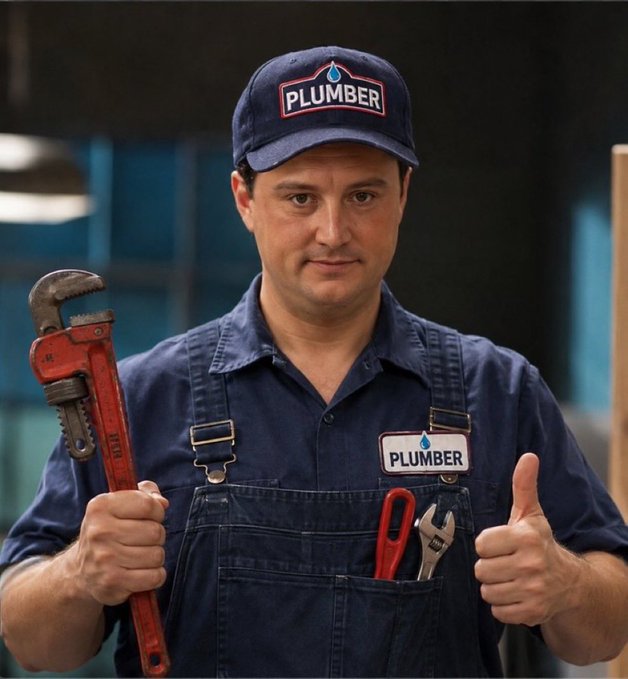 A confident plumber in a navy "PLUMBER" cap and overalls gives a thumbs-up while holding a red pipe wrench, with extra tools tucked into his pocket. The image humorously evokes the "Plumber" meme—portraying the poster as the one who "fixed" their crypto feed by unfollowing low-quality clip creators, restoring quality content.
