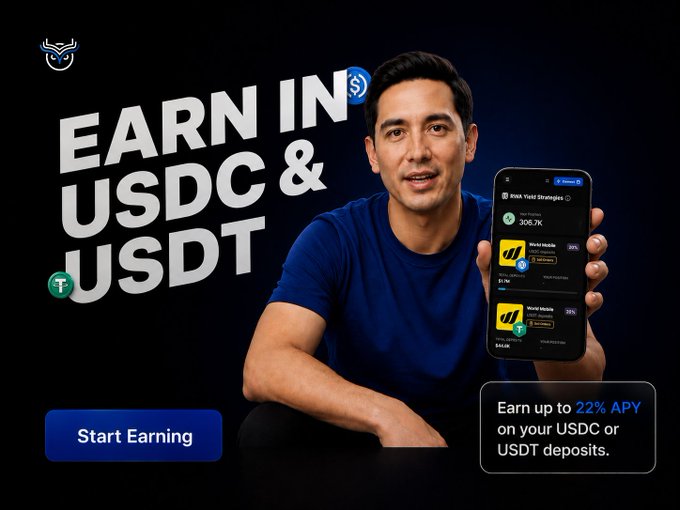 A man in a blue shirt smiles while holding up a smartphone displaying the "BNK Yield Strategies" app showing USDC and USDT vault deposit options (10% and 22% APY), alongside bold text "EARN IN USDC & USDT" and a "Start Earning" call-to-action button on a dark background. The image visually reinforces the post's message by showcasing the mobile interface of the Wise Telecom Nodes platform where users can deposit their stablecoins to earn up to 22% APY instead of leaving them idle in wallets.