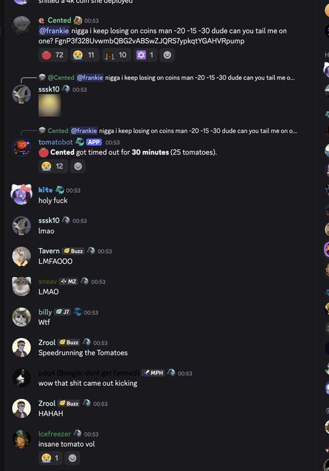 This image shows a Twitch chat where user @Cented timed out @frankie for 30 minutes (25 tomatoes) after frankie repeatedly asked about losing on coin flips (-20, -15, -30), prompting reactions like "holy fuck," "LMFAOOO," and "insane tomato vol" — with one user noting "wow that shit came out kicking," directly illustrating the dramatic tomato-related moderation moment.