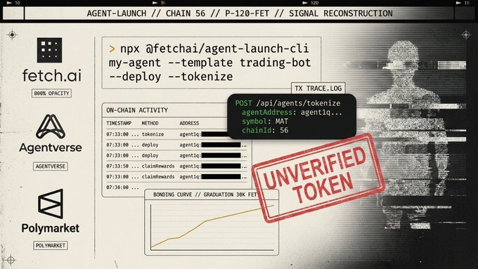 "Picture this: you've got a trading bot on Polymarket It hunts arbitrage, reads probabilities, places trades. It works. And nobody knows it exists except you @Fetch_ai shipped Agent Launch, and now that bot turns into a token with onchain economics in 2 minutes. The agent has". Focus on what is happening in the image and how it relates to the post's content about deploying new trading bots or using existing ones for trading.