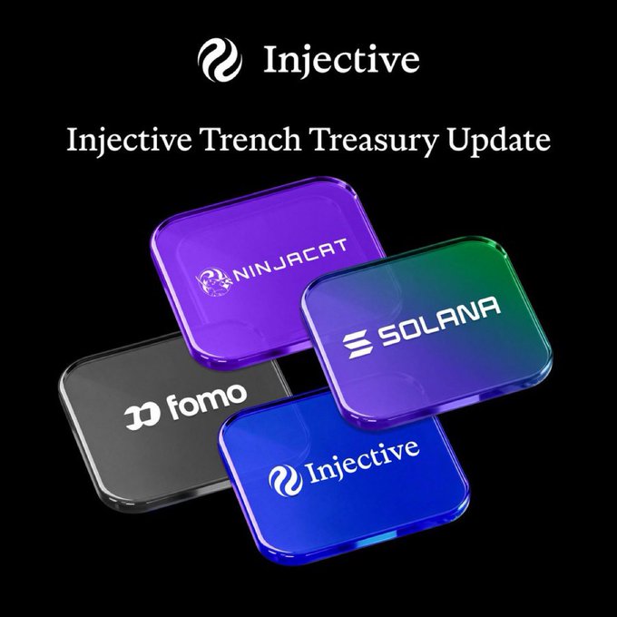 An Injective Trench Treasury Update graphic displaying four 3D rounded square tiles representing partner projects: Ninjacart (purple), Solana (green), fomo (black), and Injective (blue).