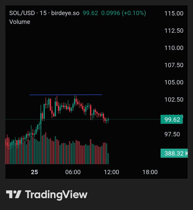 A TradingView chart displays the SOL/USD pair at 99.62, up 0.10%, with a 15-minute timeframe on birdeye.so and a volume of 388.32k.