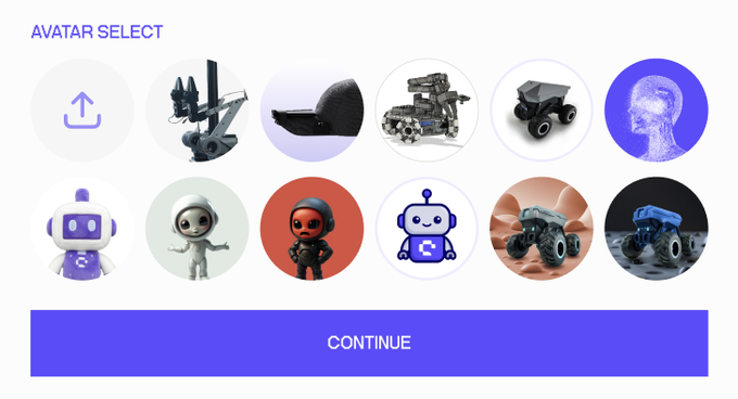 An "AVATAR SELECT" screen displays twelve circular avatar choices, including various robots, rover-like machines, and a wireframe human head, arranged in two rows above a purple "CONTINUE" button. The selection menu aligns with the post's prompt for users to pick an avatar before accessing the new BitRobot rewards portal and its robotics missions.