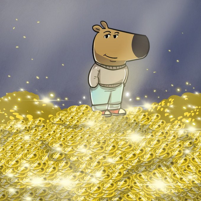 A cartoon capybara wearing a sweater and pants stands atop a massive, sparkling pile of gold coins.