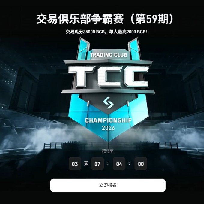 A promotional banner for Bitget's 59th Trading Club Championship (交易俱乐部争霸赛 第59期) features a metallic "TCC TRADING CLUB CHAMPIONSHIP 2026" shield logo against a dark arena background, offering a 35,000 BGB prize pool with up to 2,000 BGB per individual, alongside a countdown timer showing 03 days, 07 hours, 04 minutes, and 00 seconds remaining, and an "立即报名" (Register Now) button, complementing the post's explanation that registrations remain open throughout the event in UTC+8 with daily settlement windows from 00:00–23:59 based on execution time.
