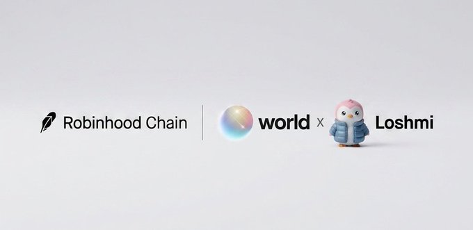 The image displays logos and mascots for "Robinhood Chain," "world," and "Loshmi," visually representing the announcement about World migrating from Solana to Robinhood Chain, with Loshmi (a penguin character) humorously positioning itself as the new CEO of the team.