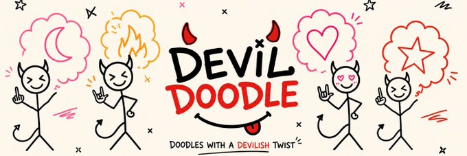 A logo design featuring devil doodles with the text 'DEVIL DOODLE' and 'DOODLES WITH A DEVILISH TWIST'.