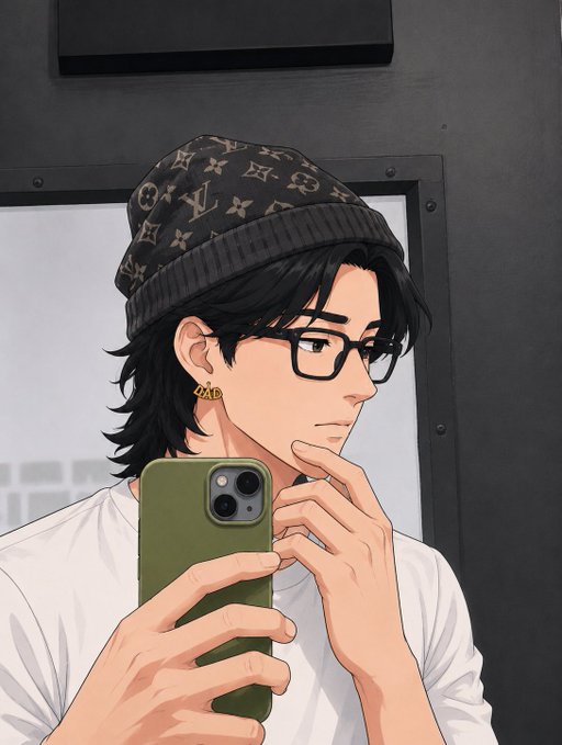 An anime-style illustration depicts a stylish young man with dark hair, black-framed glasses, and a Louis Vuitton monogram beanie taking a mirror selfie with an olive-green iPhone. The "gm frens" weekend post is perfectly complemented by his casual yet fashionable chill aesthetic, with the $RIVER ticker fitting his laid-back, confident vibe.
