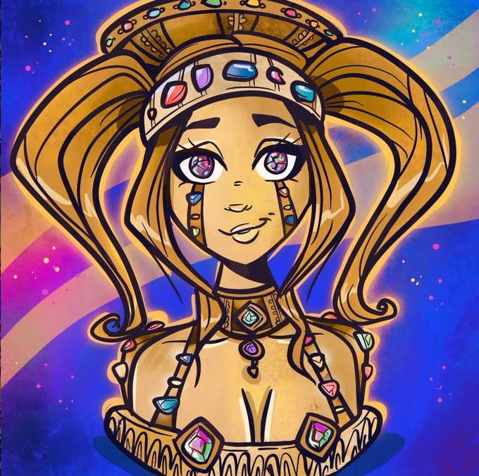 Stylized digital illustration of a blonde character with a jeweled crown and dress, featuring colorful gem eyes against a vibrant cosmic background.