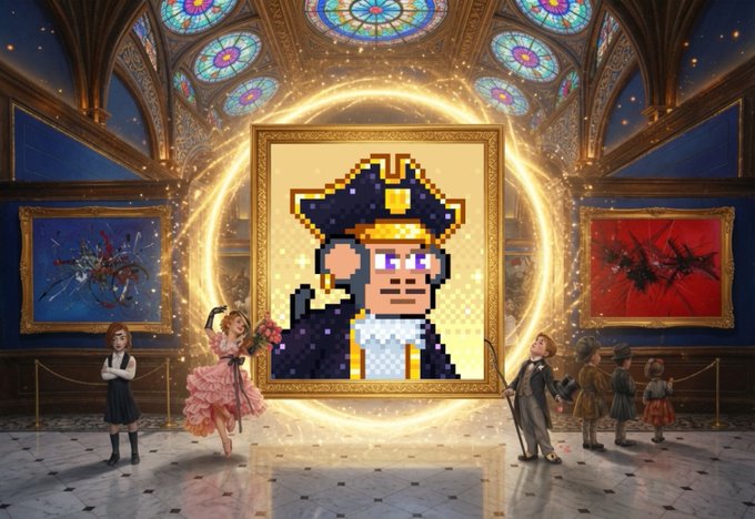 A whimsical digital artwork depicting an ornate gallery with stained glass ceilings, where a large pixel-art character portrait is displayed within a glowing golden frame surrounded by miniature figures.