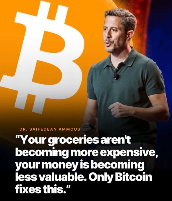 Dr. Saifedean Ammous, identified by on-image text, is shown speaking against a backdrop featuring the Bitcoin logo, with a pull-quote reading: "Your groceries aren't becoming more expensive, your money is becoming less valuable. Only Bitcoin fixes this." The image visually anchors the post's claim about Ammous attributing inflation to currency devaluation and pitching Bitcoin as the solution.